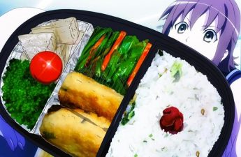 A scene from an anime where the character is holding a plate of food